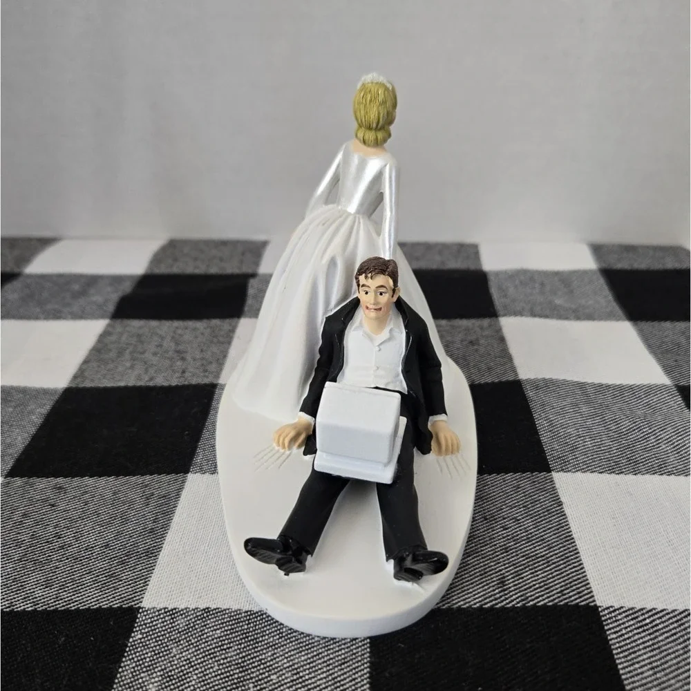 Funny Wedding Grooms Cake Topper Bride Dragging Groom‎ Away From Computer IBM PC